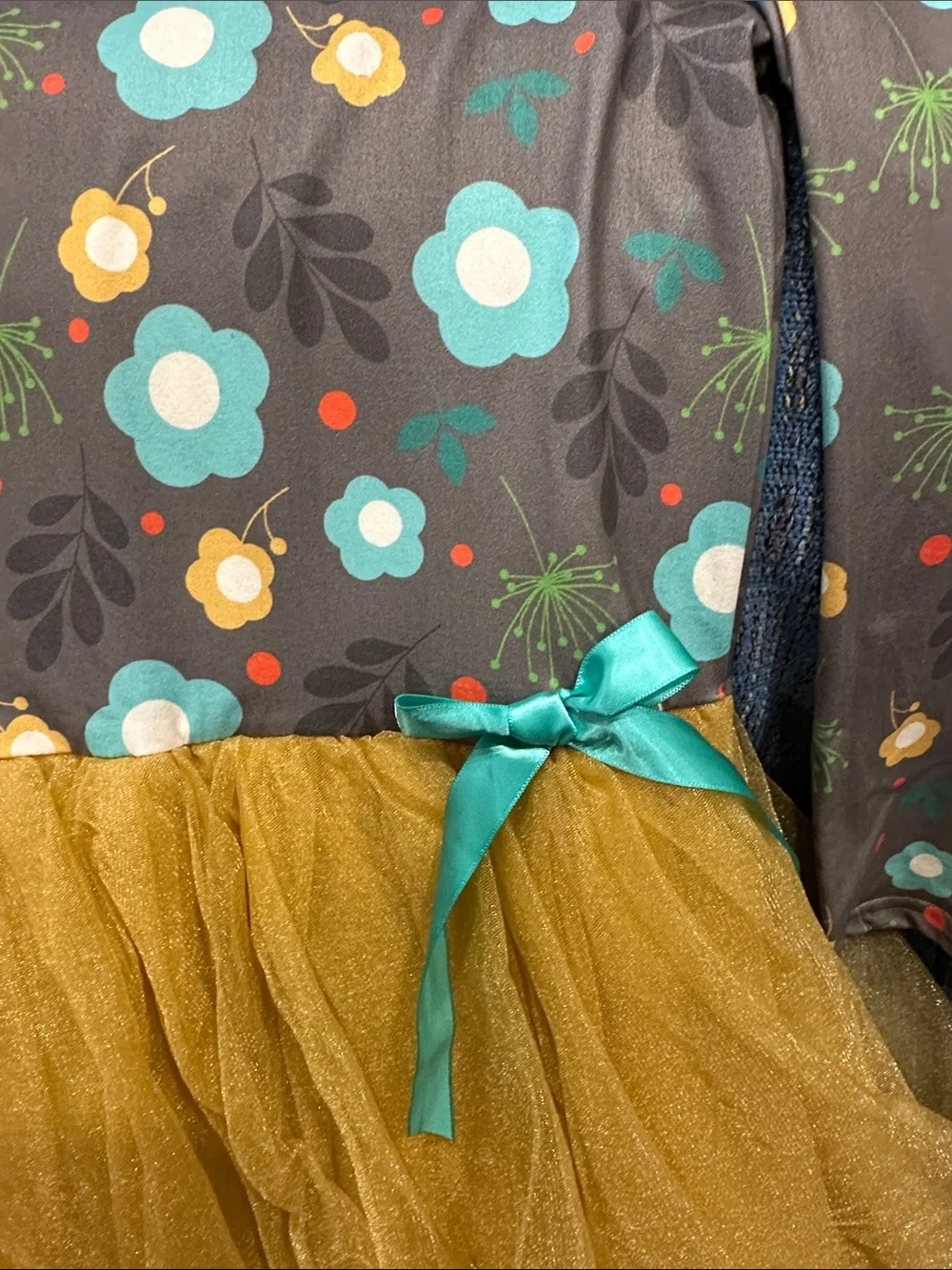 Girls' Floral Gray Dress with Gold Tulle Skirt and Teal Bow